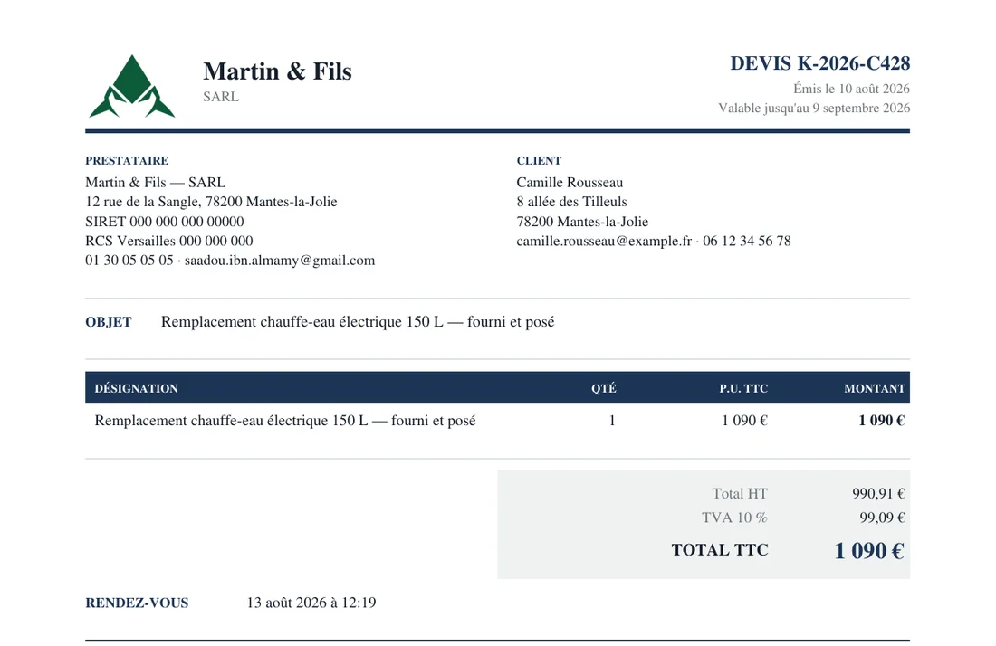 Le devis produit par l'outil : en-tête au logo de l'artisan, identité des deux parties, détail chiffré et total TTC