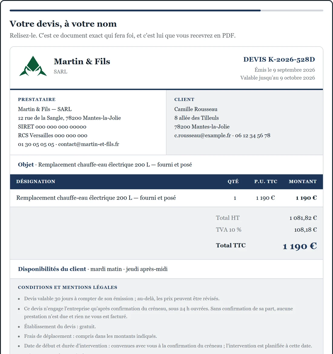Le devis que voit le client sur le site de Martin & Fils : prix ferme, détail, TVA et blocs de signature